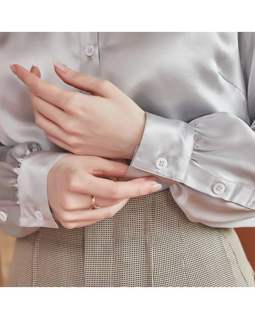 Soft Strokes Silk Gray Pure Silk Long Sleeve Banded Collar Blouse