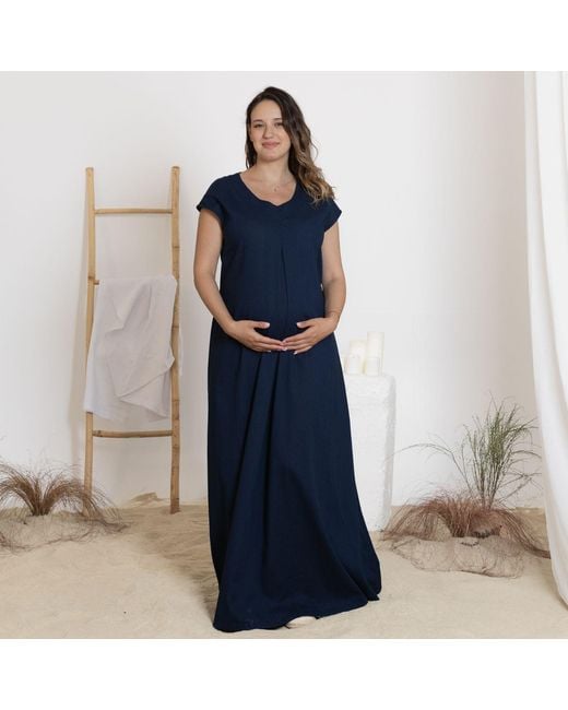 Nikka Place Blue Linen Maternity Maxi Dress With Back Tie And Pockets