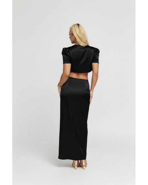 Why Mary Black Cleo Satin Long Slit Skirt