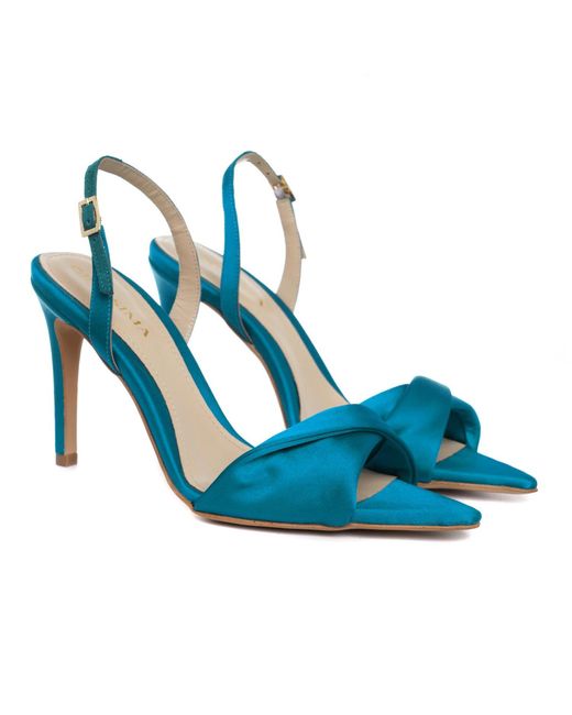 Ginissima Blue Cleo Satin Sandals, Pointed Toe, -Petrol