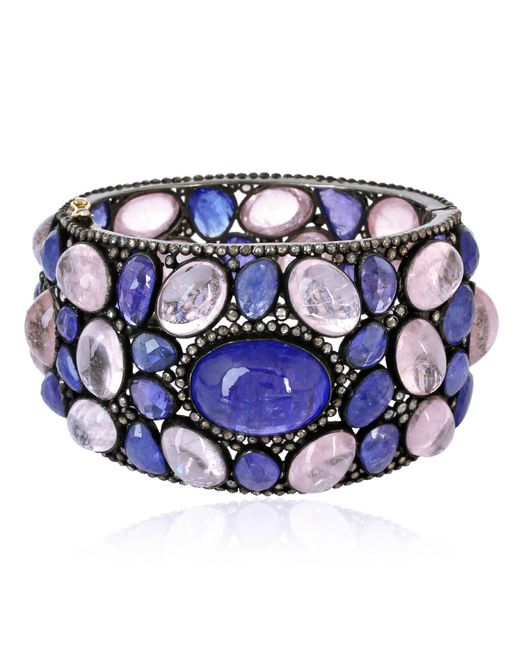 Artisan Blue 14k Gold 925 Silver & Morganite Tanzanite With Diamond Designer Wide Cuff Bangle Bracelet