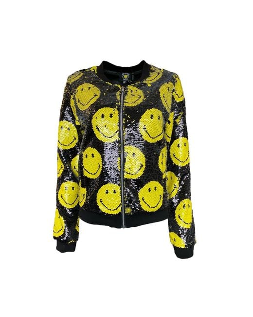 Any Old Iron Yellow Smiley Reversible Sequin Bomber Jacket