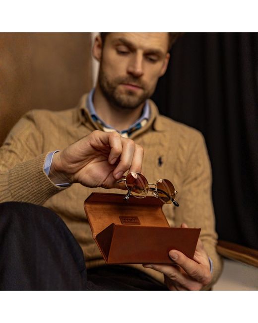 Time Resistance Brown Foldable Cognac Leather Glasses Case for men