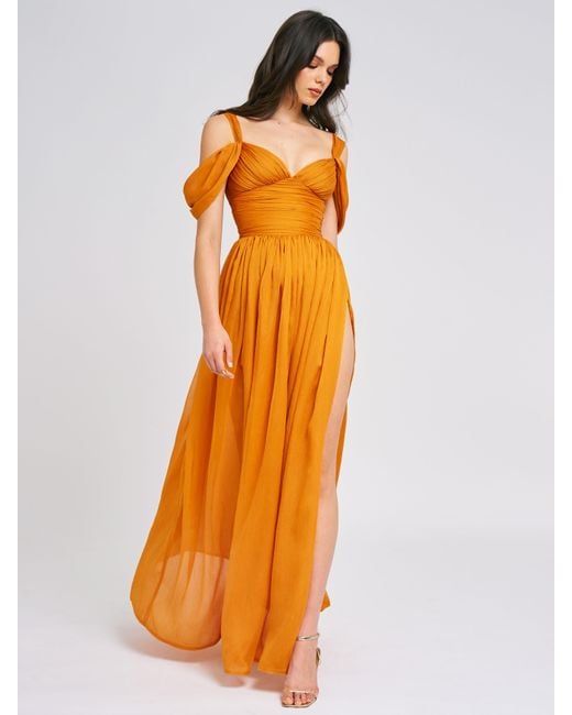 Miss Circle New York Orange Jelani Layered Mesh High-Slit Drape Maxi Dress