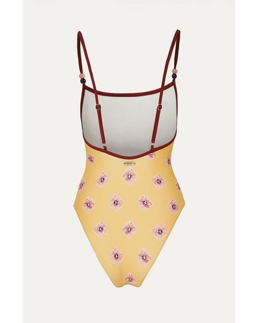 Par Y Escala Sl Yellow Jamu Print Beaded Strap One-Piece Swimsuit