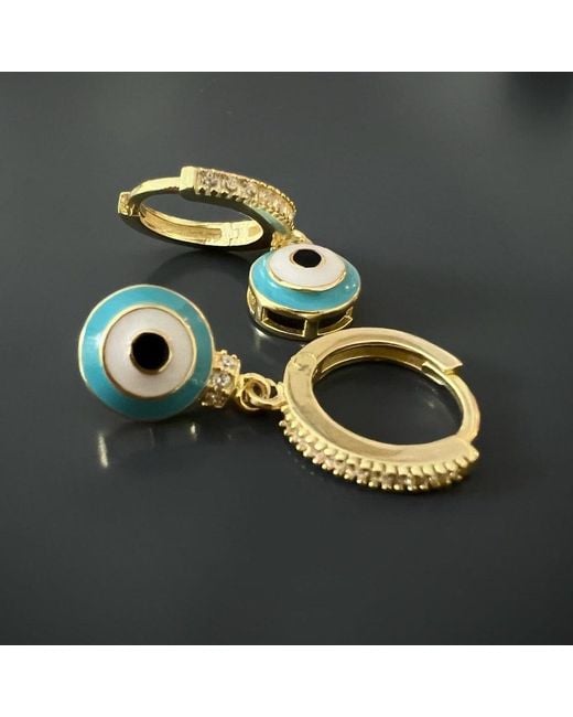Ebru Jewelry Blue Enamel Evil Eye Plated Earrings