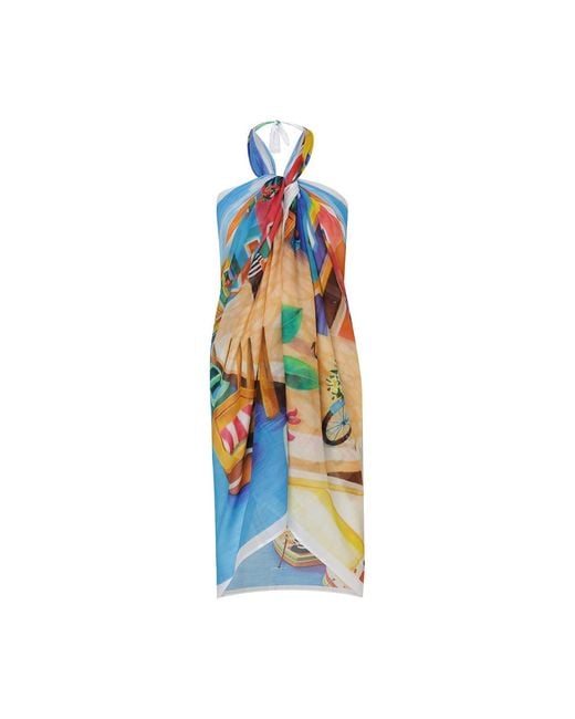 DHARA SHETH DUBAI Blue Mediterranean Escape Resort Halter-Style Cotton Sarong
