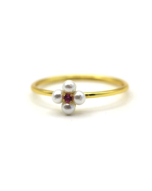 VicStoneNYC Fine Jewelry Metallic Flower Pearl With Ruby Gemstone Ring