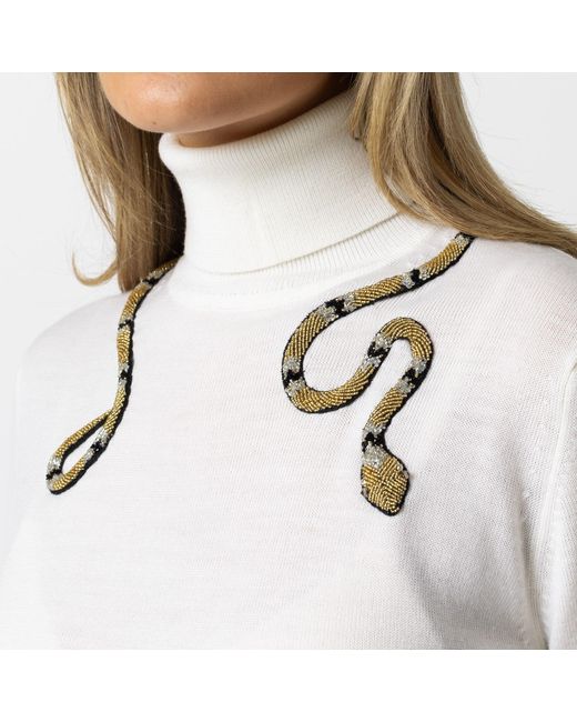 House of Laines London White Neutrals Laines Couture Wrap Snake Embellished Knitted Roll Neck Jumper