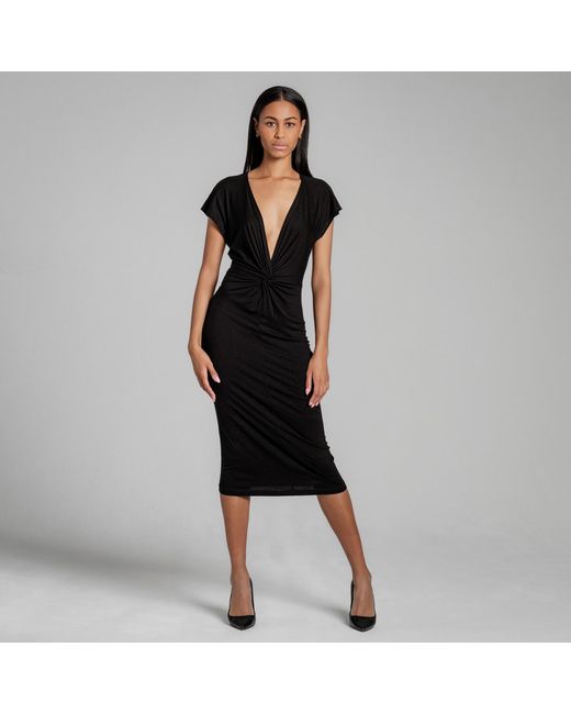 Imaatu Blue Masee Knot Front Extremely Deep V-Neck Sculpting Elastic Viscose Midi Dress