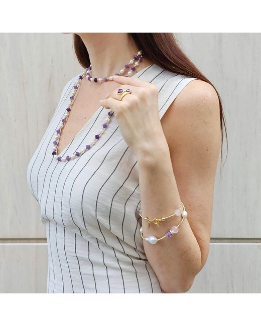 Farra Metallic Baroque Pearls With Rose Quartz And Amethyst Double Layers Bracelet
