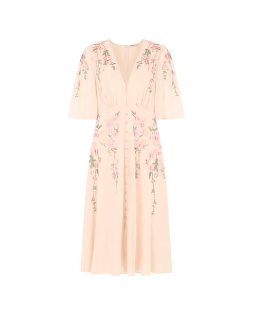 Hope & Ivy Pink Neutrals The Celina 3d Floral Embroidered Flutter Sleeve Plunge Front Button Midi Dress