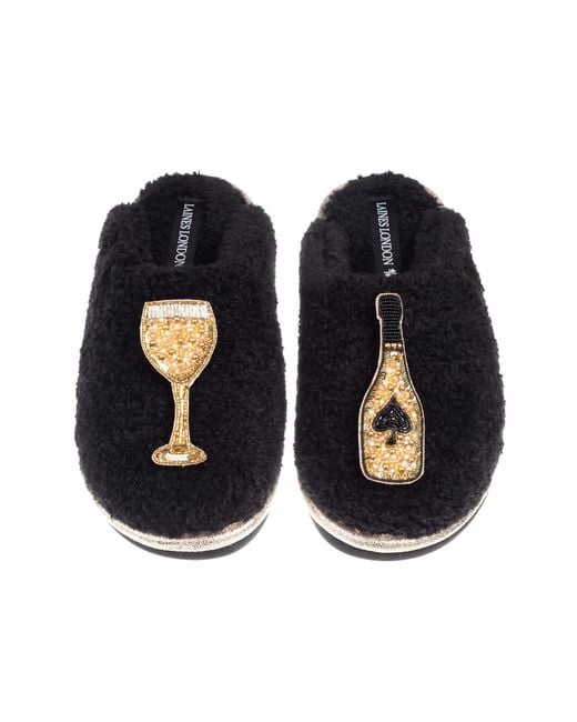 Laines London Blue Teddy Closed Toe Slippers With Ace Of Champagne Brooches
