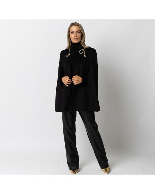 Laines London Black Laines Couture Wool Blend Cape With Embellished Wrap Around Snake