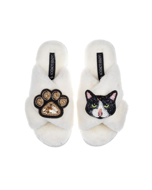 Laines London White Classic Laines Slippers With Oreo Cat & Paw Brooches