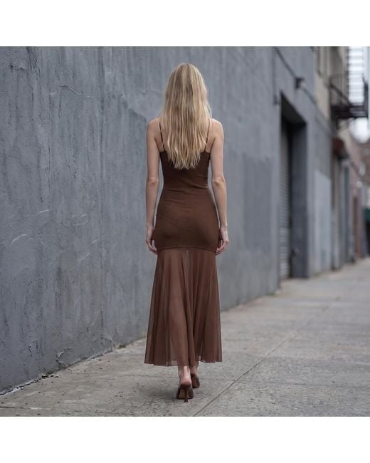 Modenaire Brown Sheer Mesh Maxi Dress With Spaghetti Straps