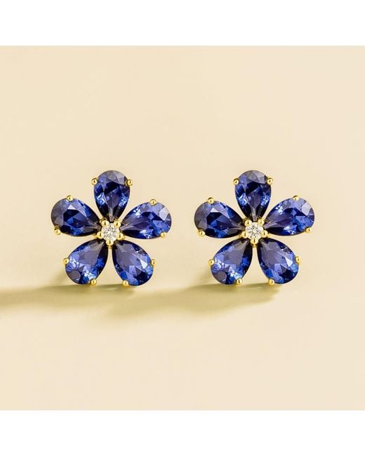 Juvetti Blue Florea Sapphire & Diamond Flower Stud Earrings