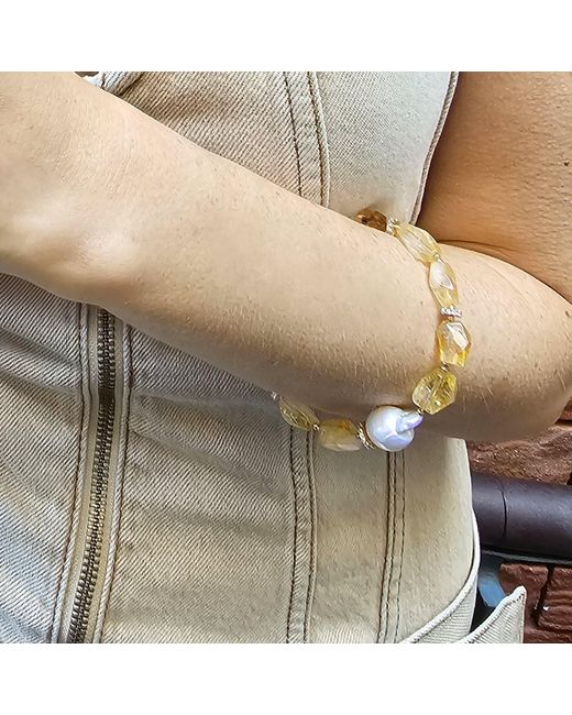 Farra Metallic Faceted Citrine With Baroque Pearl Adjustable Bracelet