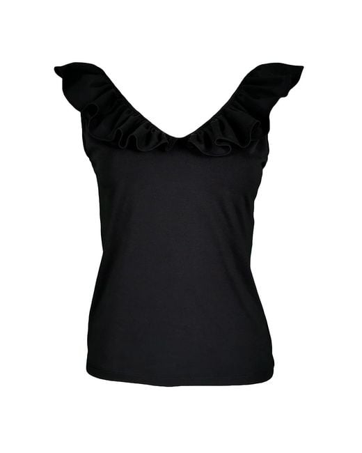 Lalipop Design Sleeveless Black Blouse With Ruffled V-neck