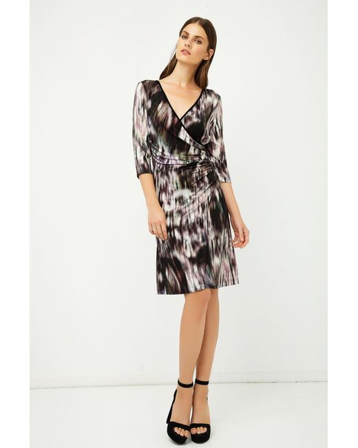 Conquista Black Print Jersey Faux Wrap Dress