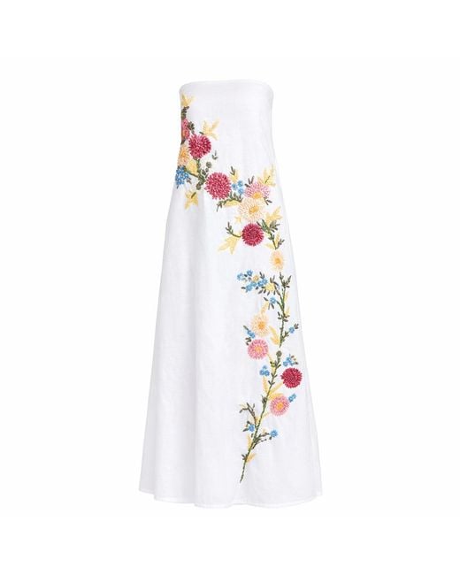 Mac Duggal White Strapless Floral Embroidered Linen Gown