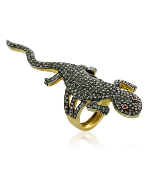 Artisan Multicolor 14k Gold Sterling Sliver With Natural Ruby & Pave Diamond Lizard Design Long Ring