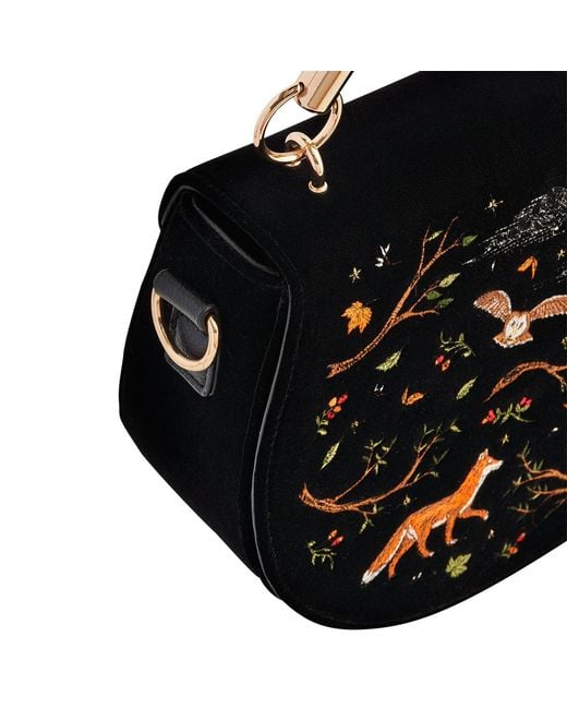 Fable England Black Fox & Owl Embroidered Top Handle Saddle Bag