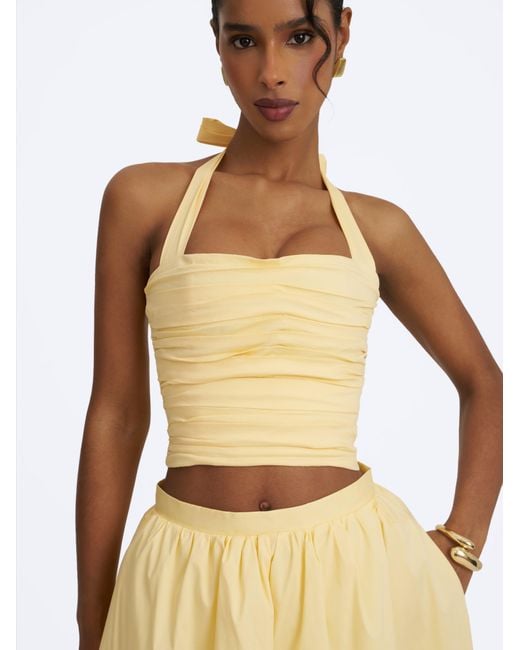 Miss Circle New York White Wilsie Lemon Cotton Poplin Ruched Halter Top