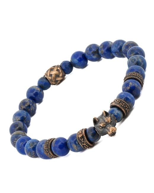 Ebru Jewelry Blue Lapis Lazuli Stone Powerful Wolf Courage Beaded Bracelet for men