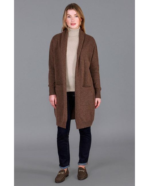 Paul James Knitwear Brown Pure Lambswool Long Line Liberty Cardigan With Pockets