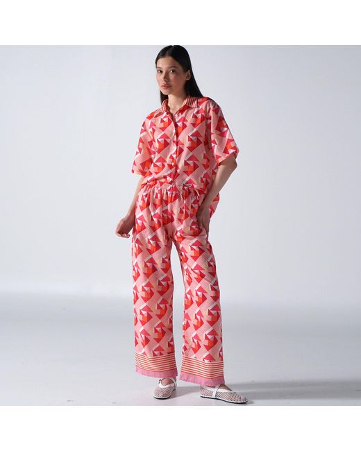 LOVEIST STORE Red Coral Geometric Linen-Feel Wide Leg Trousers