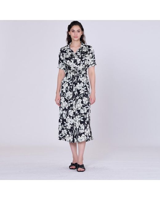 Smart and Joy Black Macro Flower Print Midi Shirt-Dress