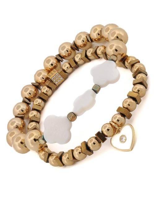 Ebru Jewelry Metallic Spiritual Heart & Lucky Clover Beaded Bracelet Set