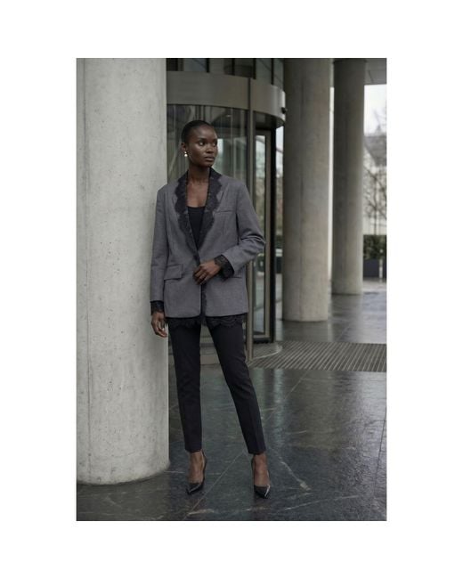 Modenaire Gray Tailored Blazer With Lace Trim Lapel