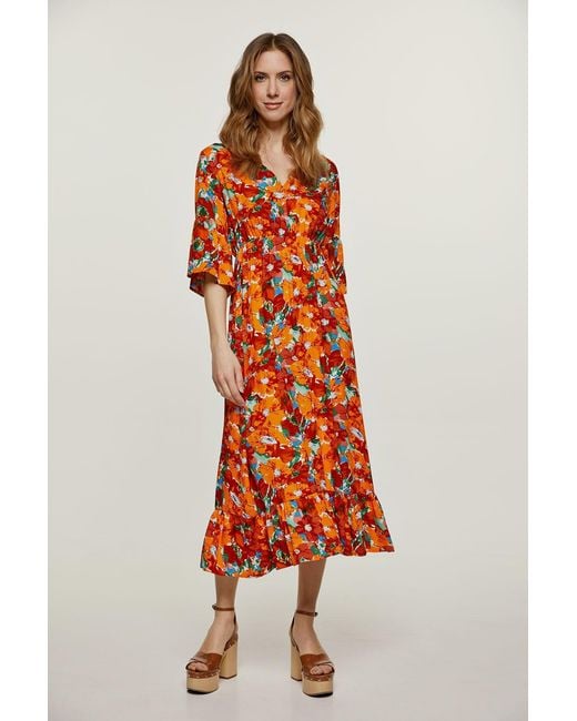 Conquista Orange Floral Ruffle Detail Midi Dress