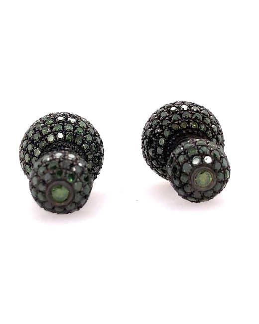 Artisan Black 18k Gold & Silver With Green Diamond Bead Ball Double Side Tunnel Earrings