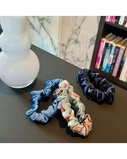 Soft Strokes Silk Blue Set Of Three Pure Mulberry Silk Mini Scrunchies Weekly Special Hair Ties Lakeside Serenity