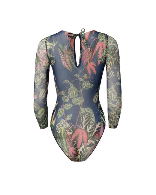 Rodasoleil Smart Swimwear Blue Tan-Through Mesh One-Piece Swimsuit With Sleeves Botanicum