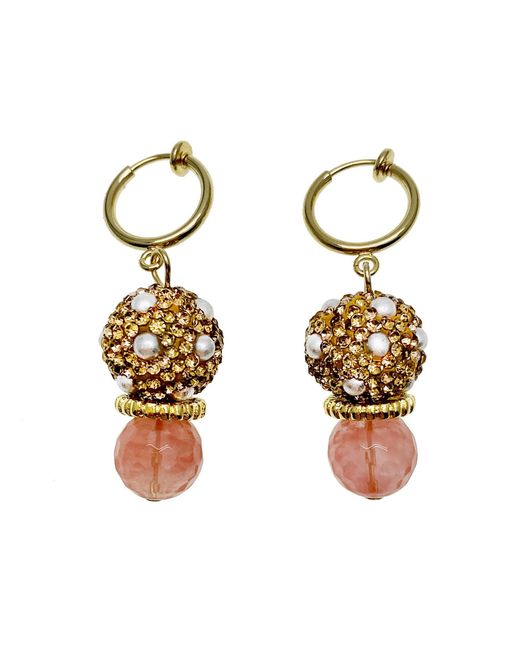 Farra Watermelon Quartz Stones With Rhinestones Bordered Pearls Clip On Earrings