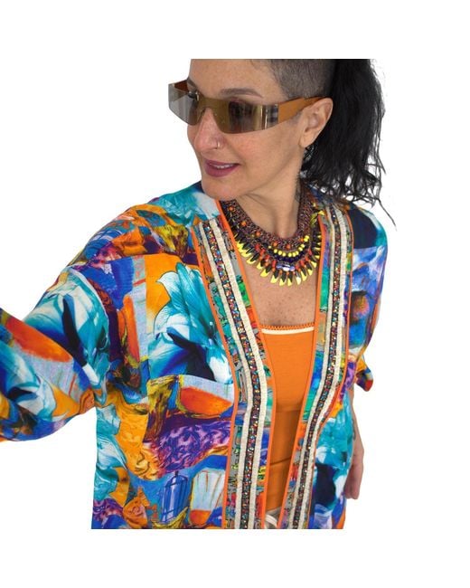 Lalipop Design Blue Colorful Flower Print Midi Kimono With Embroidery Borders