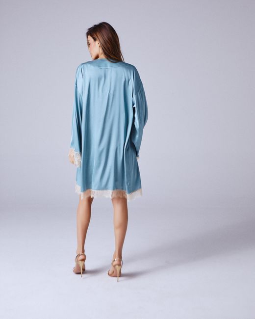 Noblesse Oblige Blue Duck Egg Long Lace Trimmed Robe