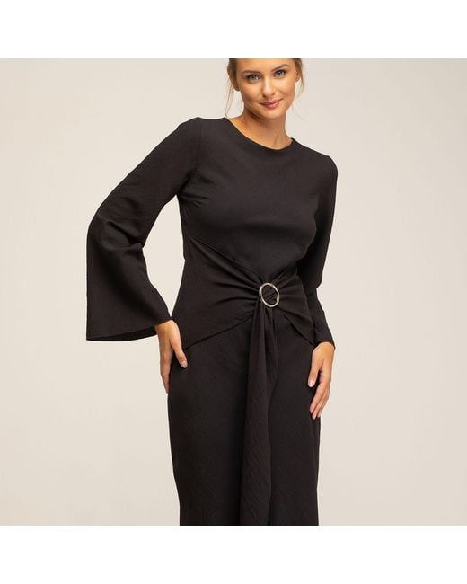 Tantra Spain Sl Black Long Fitted Dress With Long Sleeves And Adjustable Metallic Hoop Waistband