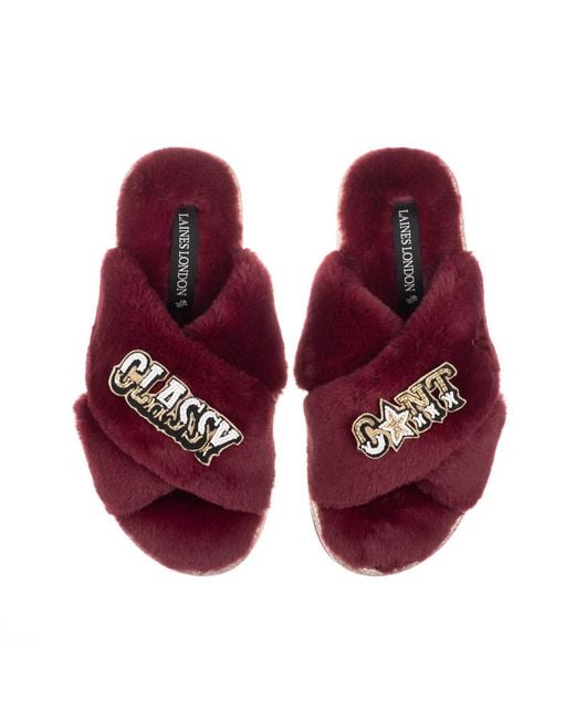 Laines London Red Classic Laines Slippers With Classy Cunt Brooches