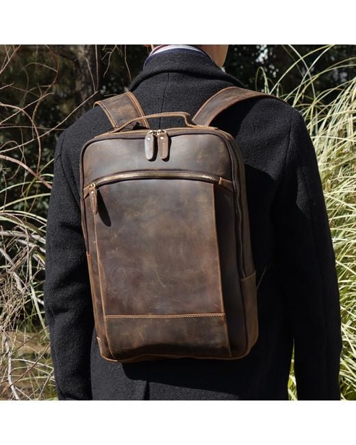Touri Brown Minimalist Zip Open Leather Backpack for men