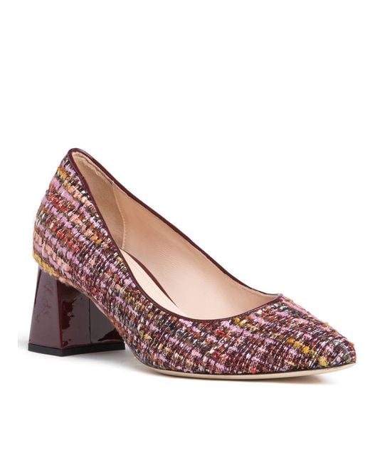 Beautiisoles by Robyn Shreiber Made in Italy Red Corina Burgundy Leather Block Heel Pump With Linen For Day & Night Wear