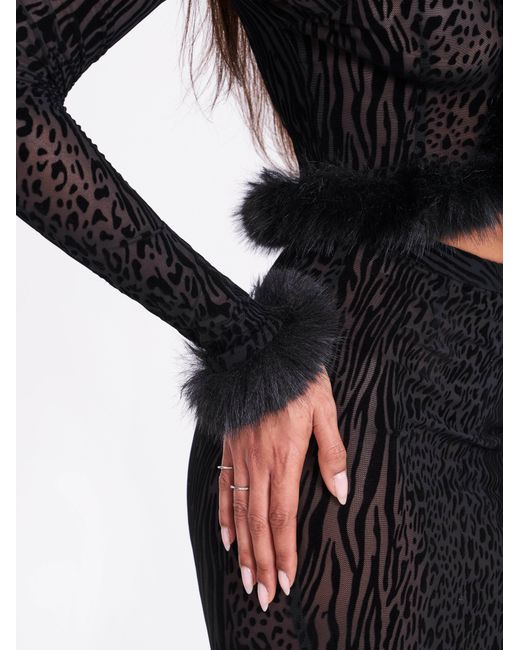 Miss Circle New York Black Hali Animal Print Burnout Velvet Fur Trim Top