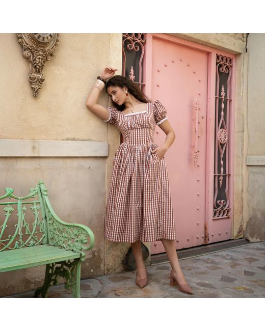 Echo of Pink Red Solene Gingham Hand Block Print Cotton Midi Dress