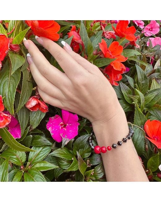 Farra Metallic Natural Garnet With Red Coral Adjustable Bracelet