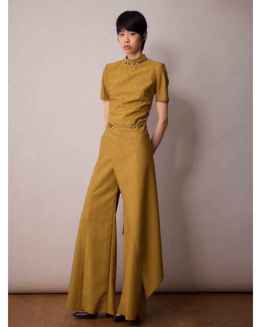 Amanda Thompson Couture Metallic Tilda Asymmetric Top/ Mustard Pinstripe
