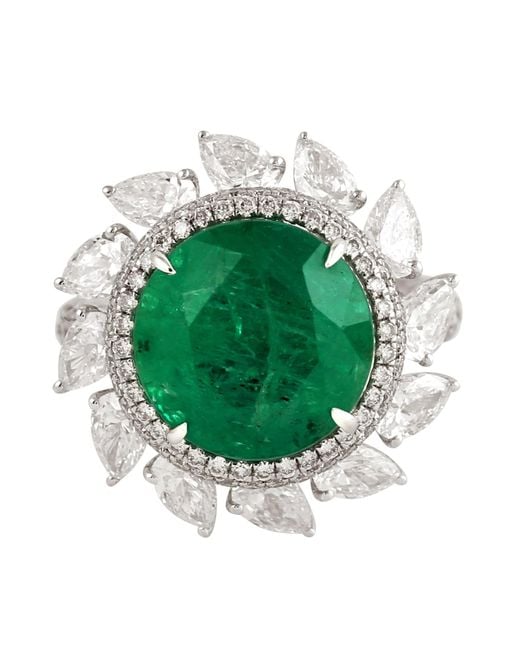 Artisan Green Round Emerald & Pear Cut Diamond In 18k White Gold Antique Cocktail Ring